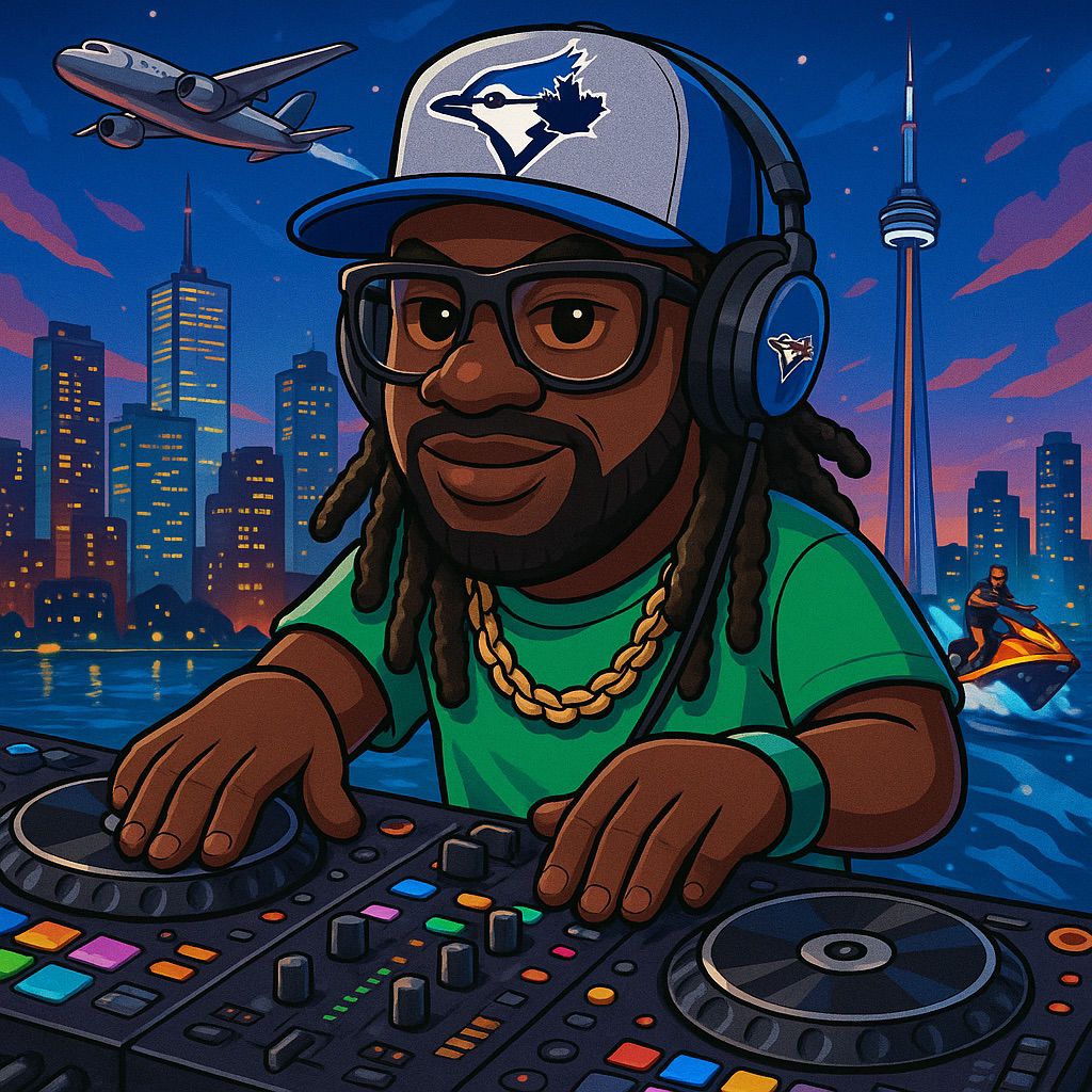 DJ Panthro at the decks, Toronto skyline